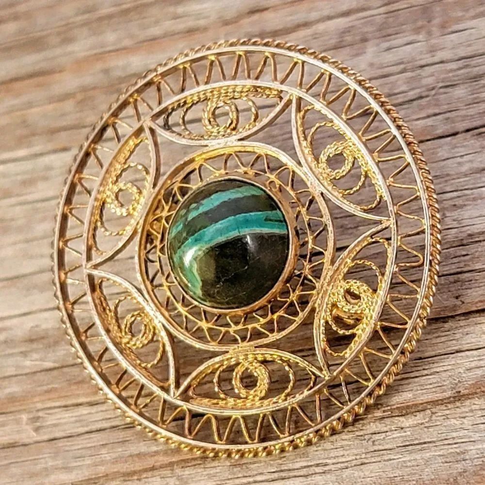 Vintage Gold Over Coin Silver Filgree Pin Brooch with Stone